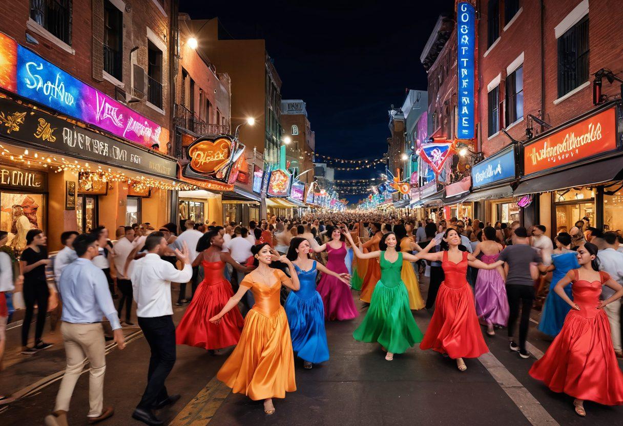 A dynamic collage showcasing a bustling Bassoro entertainment scene, featuring colorful stages with musicians performing, vibrant lights reflecting on joyful audiences, and eclectic street performances. Capture the essence of creativity and culture with elements like traditional dancers in vivid costumes and an urban backdrop filled with lively street art. The atmosphere is electric, inviting viewers into the heart of the celebration. super-realistic. vibrant colors. 3D.