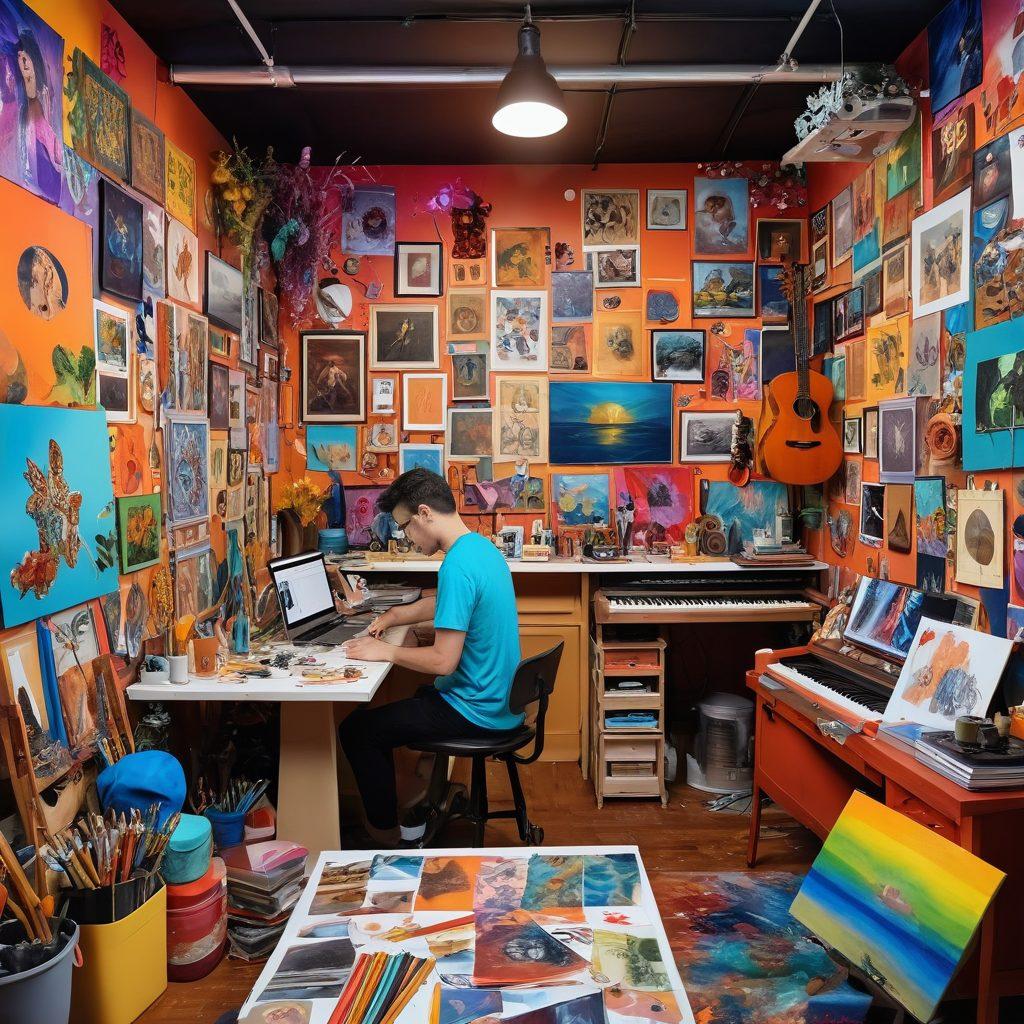 A vibrant collage showcasing diverse artists collaborating in a lively, colorful studio filled with various art tools and medium. Include musicians, painters, and digital creators, all sharing their creative processes and inspirations. The scene should radiate energy, creativity, and unity in the arts, with bright splashes of color and artistic expressions. super-realistic. vibrant colors. 3D.