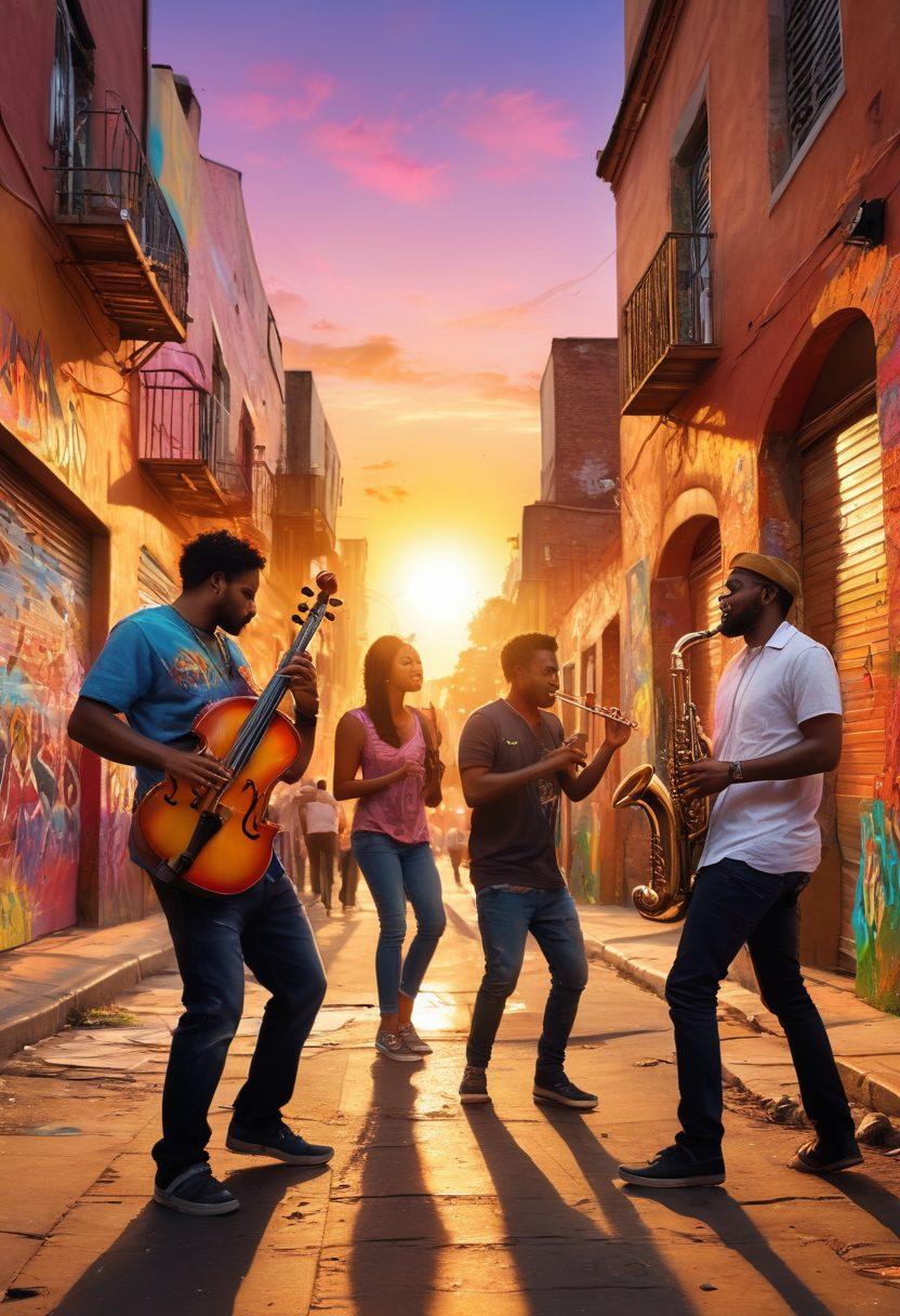 A vibrant street scene showcasing musicians passionately playing Bassoro instruments, surrounded by colorful street art and graffiti. Include diverse people dancing and engaging in artistic expression, with a bright sunset in the background casting warm hues. Emphasize creativity with splashes of paint flying through the air, blending with the sounds of music. super-realistic. vibrant colors. dynamic composition.